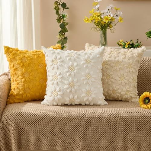 Image of DFXSZ Spring Summer Pillow Covers 18x18 inch Set of 2 Farmhouse Decor Yellow Color Flower Heart Sunflower Soft Plush Faux Fur Jacquard Throw Pillows for Sofa Holiday Spring Home Decor PTK024C18