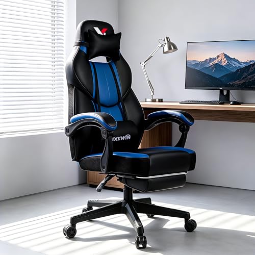 Image of Ergonomic Big and Tall Gaming Chair 400lbs Heavy Duty Computer Office Desk Chair with Footrest, Comfortable Pocket Spring Cushion & Linkage Armrests for Adults Blue