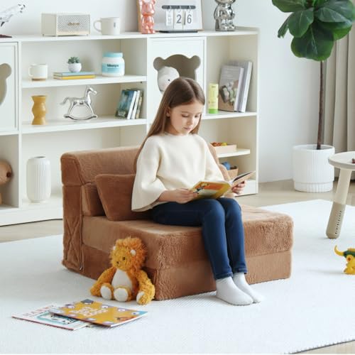Image of Tiita Convertible Folding Kids Sofa Bed with Pillow & Storage Bag, Plush Fabric Floor Mattress Couch Bed, Washable Cover, Kids Room, Playroom, Dorm, Apartment, Brown