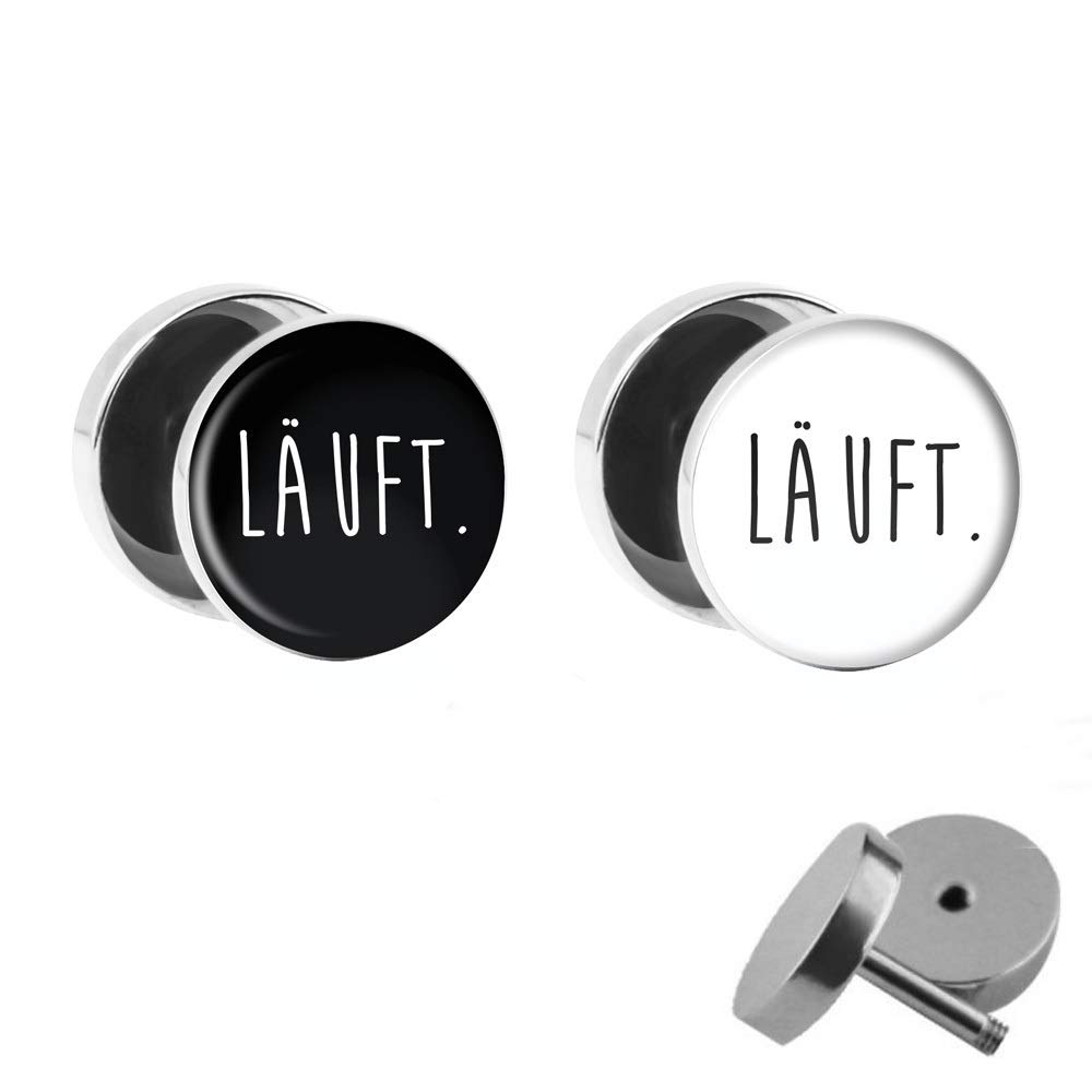Treuheld Set - LÄUFT. 2 Witzige Ohrstecker | SCHWARZ/WEIß | Silber Chirurgenstahl | LUSTIGER Spruch | Ohr Fake-Tunnel Ø 
