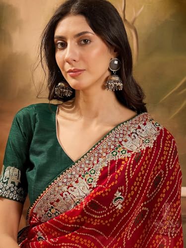 Image of Women's Georgette Bandhani Printed Embroidery Saree with Unstitched Blouse Piece