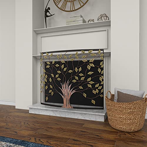 Deco 79 Metal Tree Sculpted Tree Relief Single Panel Fireplace Screen With Curved Mesh Netting, 39" X 7" X 33", Bronze #TOP6