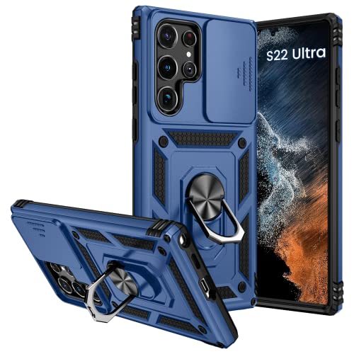 Goton for Samsung Galaxy S22 Ultra 5G Armor Stand Case with Slide Camera Cover & Kickstand Military Grade Heavy Duty Protective with Magnetic Car Mount Holder for S22 Ultra (Blue)