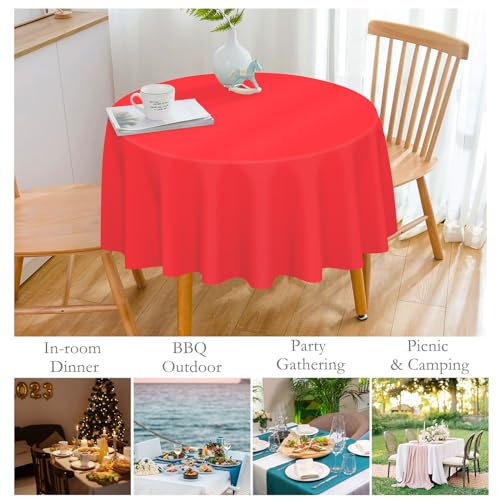 Image of Mulbozy 12 Pack Red Round Tablecloth, 84 Inches Plastic Table Cover, Premium Disposable Round Party Tablecloth for Restaurant Dinners, Wedding, Grad Party, BBQ, Outdoor Camping