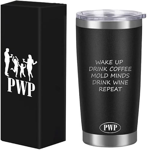 P W P Vaso de 20 onzas para café y bebida, café con diseño de mentes y repetición de vino, vaso de acero inoxidable, taza de café de viaje, vaso
