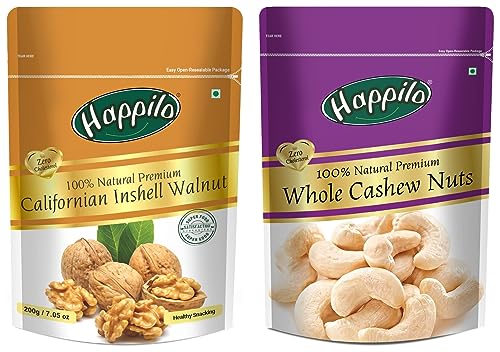 Image of Happilo 100% Natural Premium Whole Cashews, 200g & Natural Premium Californian Inshell Dried Walnuts, 200g