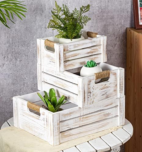 TIMRIS Set of 3 Rustic Wood Nesting Crates, Farmhouse Wooden Storage Container Boxes with Cutout Handles, Decorative Wooden Baskets for Display (Whitewash)