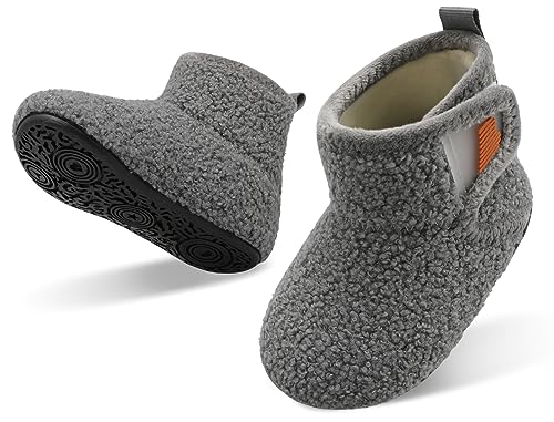 JOINFREE Toddlers Indoor Boots Furry Baby Slippers with Rubber Sole Baby Girls Boys House Sock Shoes Grey 5/5.5 UK Child 22-23 EU