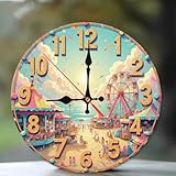 SEMARY 10-Inch Silent Wooden Wall Clock, Amusement Park Carnival Clock Ocean Beach Scene ” Silent Non-Ticking Clock, Artistic Home Decor