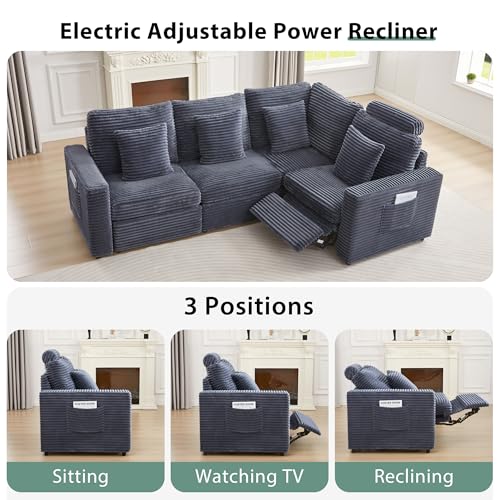 Image of RARZOE Modular Sectional Sofa with Power Recliner, 4-Seater L-Shaped Corduroy Reclining Couch Sectional with Headrest, Flexible Combination Fluffy Comfy Cloud Comfy Couches for Living Room,Grey