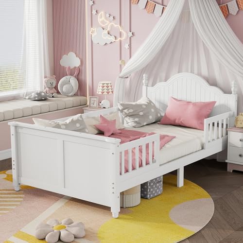 Mirightone Twin Bed Frames for Kids with Rails, Wood Platform Bed with Headboard and Footboard, Girls Twin...