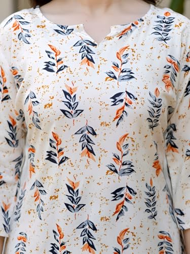 Image of Women's Floral Leaf Print Tunic Top, Beige, Rayon Blend, 3 /4 Sleeve, Notch Neck, Regular Fit, Casual Wear