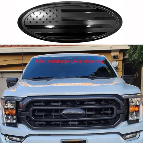 Image of 2Pcs 9.5 inch Emblem Replacement for Ford F150 Emblem Overlay Front Grille /Tailgate Rear Aluminum Oval American Flag Badge Fit 2015-2021 Years (Pack of 2 Black)