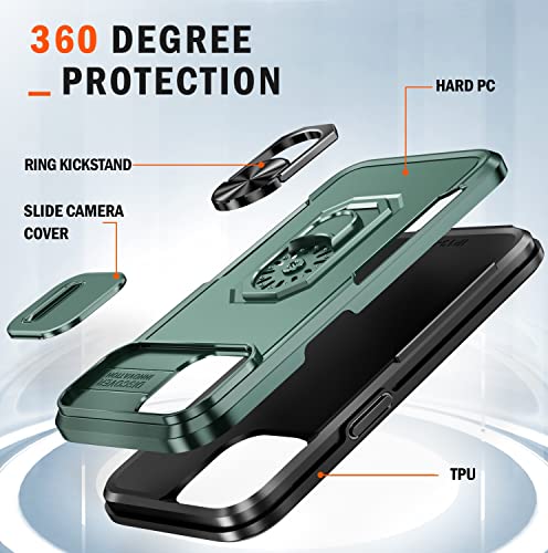 Image of ShieldTech Polycarbonate Back Cover Case Compatible for Apple iPhone 15 with Slide Camera Cover & Rotated Ring Stand | Military Grade Mobile Phone Cover Case for Apple iPhone 15 (Green)