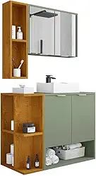 Gabinete Banheiro Ibiza 2 Portas Cuba e Armario Espelheira Pistache/naturale
