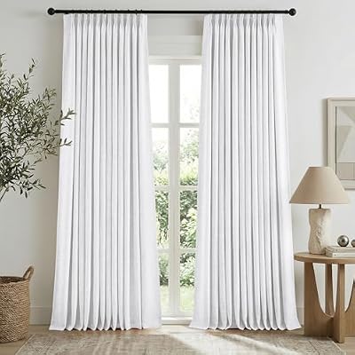 HOMEIDEAS Snow White Pinch Pleated Curtains 100% Blackout,Linen Blend Luxury Thermal Insulated with Adjustable Hooks, for Living Room Bedroom Modern Farmhouse Decor, 40" Wx84 L 2 Panels