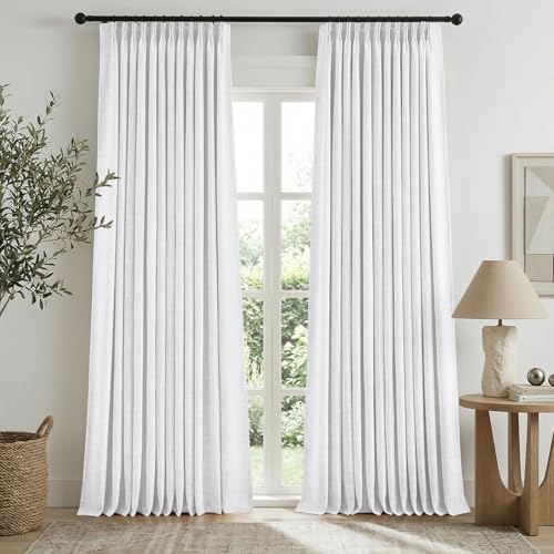 HOMEIDEAS Snow White Pinch Pleated Curtains 100% Blackout,Linen Blend Luxury Thermal Insulated with Adjustable Hooks, for Living Room Bedroom Modern Farmhouse Decor, 40" Wx96 L 2 Panels