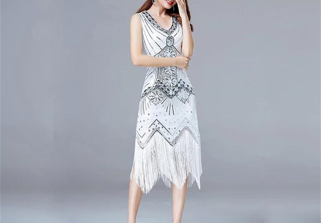Vestido vintage Gatsby Flapper para mujer, cuello en V, sin mangas, con lentejuelas, estilo borla
