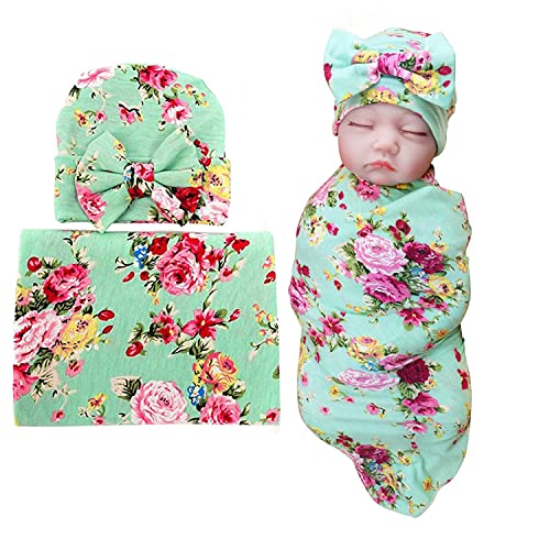 DRESHOW BQUBO 1 Pack Newborn Floral Receiving Blankets Newborn Baby Swaddling with Headbands or Hats Sleepsack Toddler Warm Shower Gift