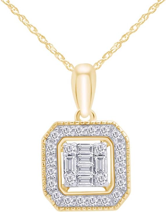 SAVEARTH DIAMONDS 1/4 Cttw 14k Gold Baguette And Round Cut Lab Grown Diamond Cluster Pendant Necklace Jewelry For Engagement Wedding, 18" Chain, VS-SI Clarity, 0.25 Cttw