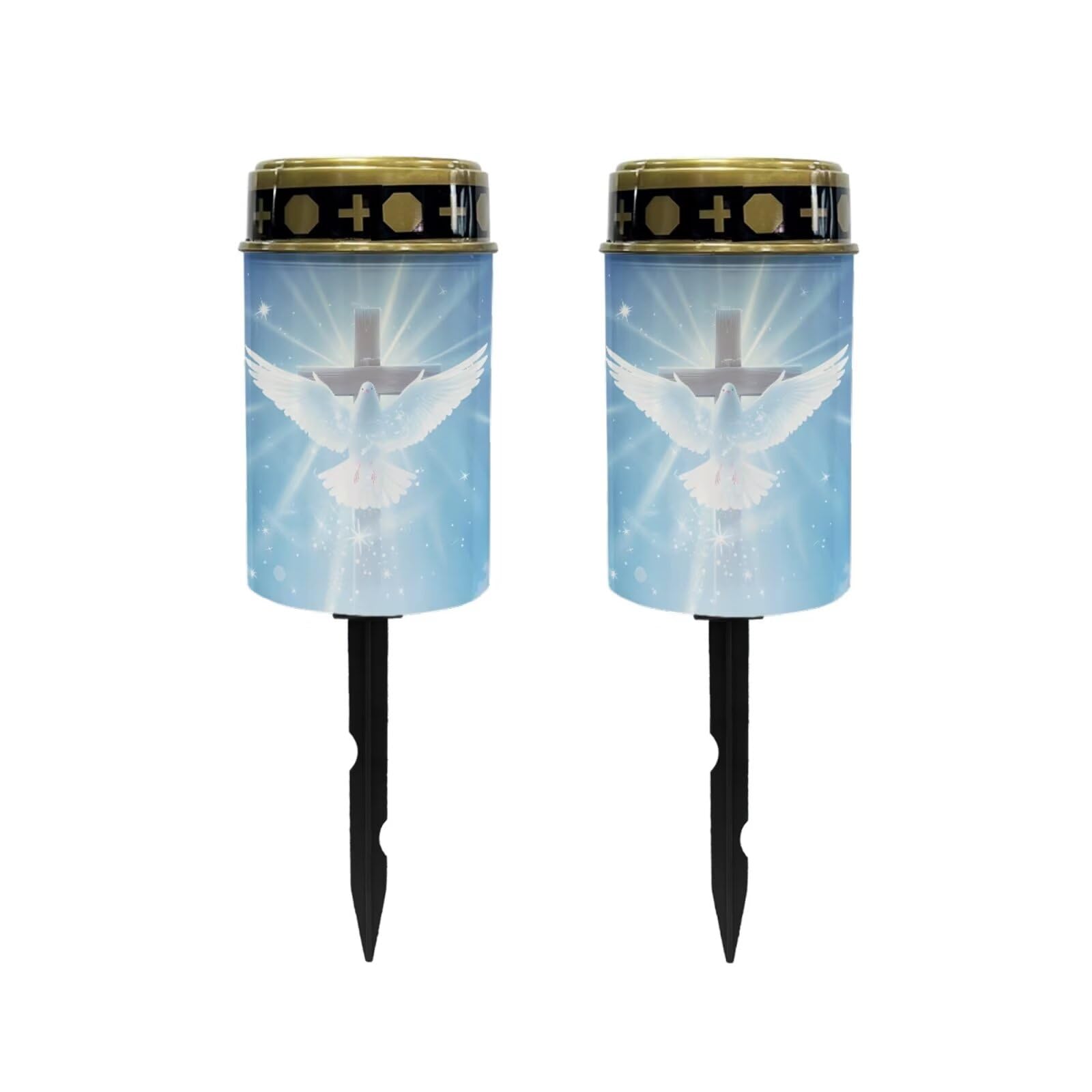 Poceacles Cross Outdoor Solar Lights Waterproof Outdoor Grave Stake Lights Solar Powered Solar Lantern Light Solar Decoration Cemetery Lights for Outdoor Decor, Dove of Peace Cross Blue, Pack of 2