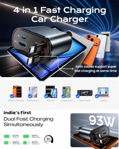 Image of Sevenaire Retractable Car Charger [Ultra-Compact], 93W 4 in 1 Car Charger with Dual USB C Cables 36W + 30W PD PPS SFC 2.0, Retractable Cables, Compatible for iPhones, iPad, Galaxy, Pixel