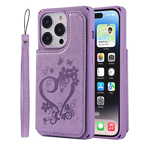 Image of Cavor for iPhone 14 Pro Case with Card Holder,for iPhone 14 Pro Wallet Case for Women Men,Phone Case for iPhone 14 pro with Stand Credit Card Holder, Leather Strap Shockproof Cover- Purple