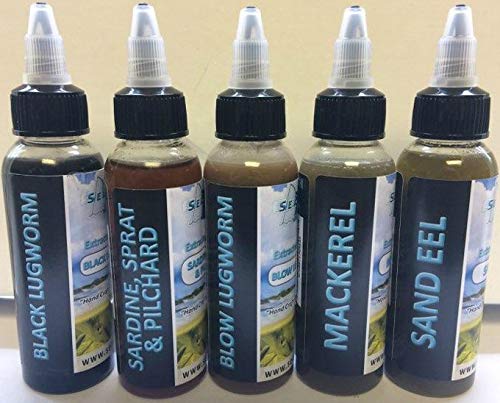 searigs Sea Fishing Extracted Bait Oils - 5 x 120ml Selection Pack - Black Lugworm - Blow Lugworm - Sardine,Sprat Pilchard - Mackerel - Sandeel - Free Sea Fishing Rig