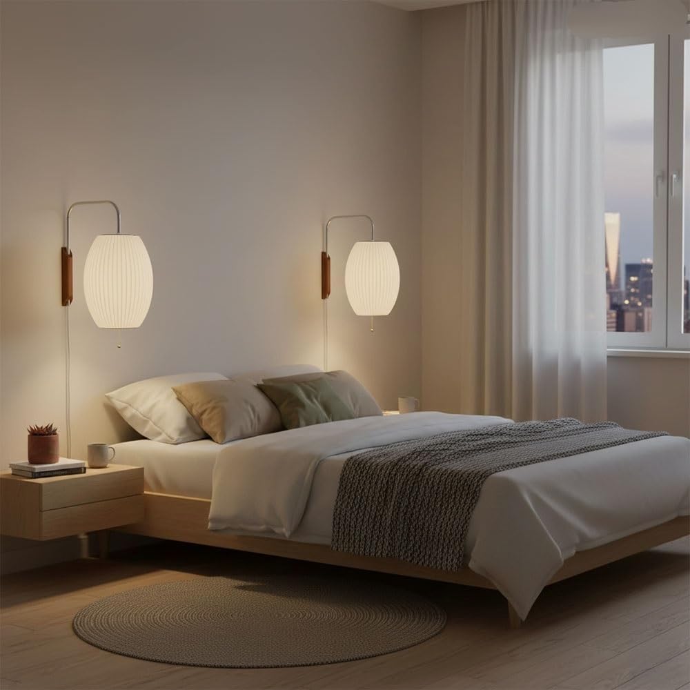 Nordic Pleated Fabric Wall Sconce, Modern Bedside Wall Lamp, SImitation Silk Fabric Oval Wall Light,Walnut Wood Accent Swing Wall Lamp for Living Room,Hardwired Parlor