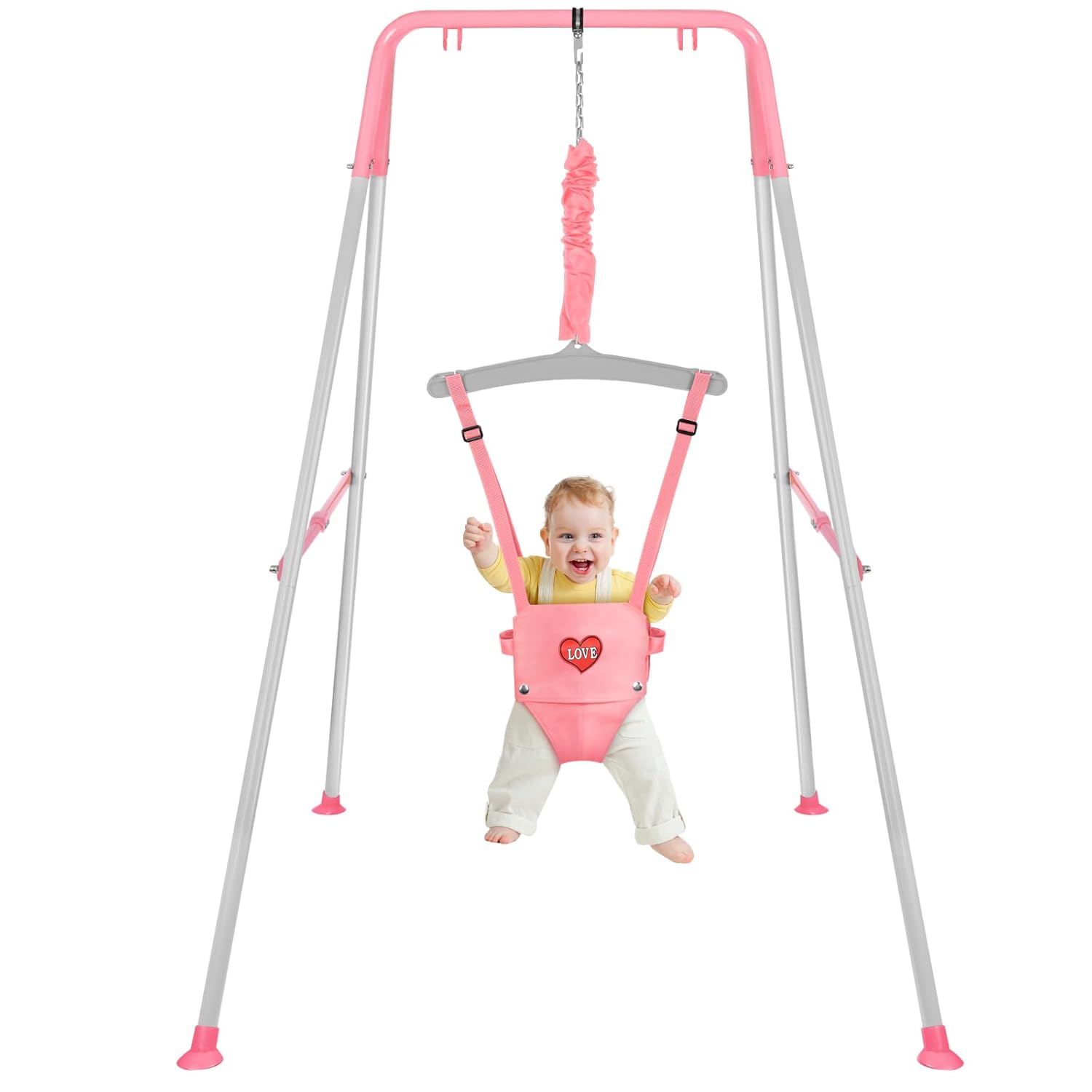 Baby Jumper with Stand, Infant Jumper for Indoor/Outdoor Play, Jumper for Baby 6-24 Months, Baby Jumpers and Bouncers with Adjustable Chain, Easy to Assemble & Store Pink