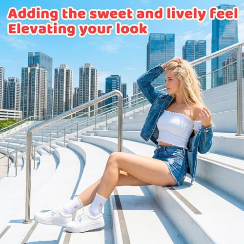 Image of 6 Pairs Women's Cute Crew Socks, Casual Athletic Cotton Cherry Heart Strawberry Calf Novelty Socks for Women