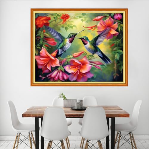 Image of Dooxvey Cross Stitch Kit for Adult Beginners - Full Range of Stamped Kits with 11CT Patterns - Hummingbird Flowers 16x20 inch