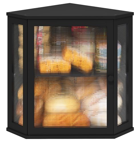 viewcare Corner Bread Box for Kitchen Counter, Bamboo Wood Large Capacity Bread Storage Bin with Acrylic Wavy Door Panel (Black, Extra Large)
