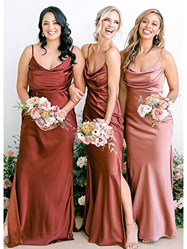 Women's Spaghetti Strap Satin Bridesmaid Dresses Lace Up Back Long Mermaid Formal Dress with Slit3