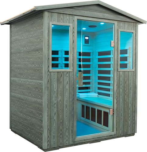 Image of LTCCDSS Carbonized Composite Wood Outdoor Sauna 4-Person - Low EMF Far Infrared Sauna for Home - Bluetooth Speakers, LED Reading Lamps, Chromotherapy Lights (68.1 * 52.4 * 82.7 inch)