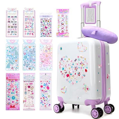 Esteemly Kids Luggage Sets Suitcase Set with Travel Pillow for Girls 10 Sheets Gem Stickers Small Suitcase with Wheels Hardshell Carry on Luggage for Airplane Travel Essential DIY Styles Purple