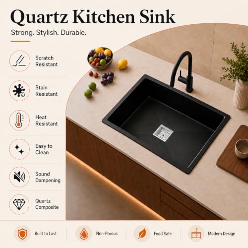 Image of TrueSink Quartz Kitchen Sink 16x18X9 Inches Black | Sound Proof, Heat & Scratch Resistant and Easy to Clean Single Bowl Granite Kitchen Sink /Basin with Waste Coupling & Pipe | Sink for Kitchen Black