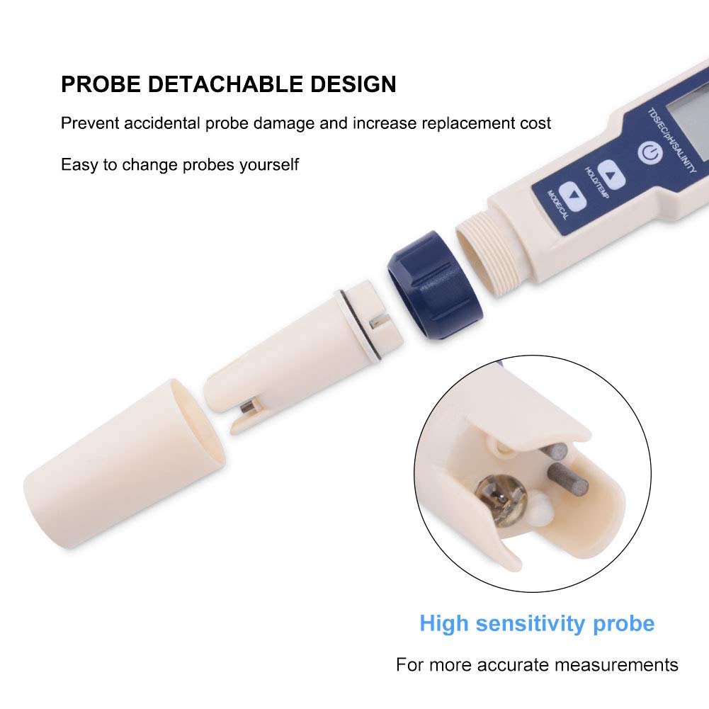 Testeur Numérique 5 en 1 TDS/EC/PH/Salinité/Température de L'eau Pour Hydroponie/Aquarium/Piscine/Eau Potable DH12