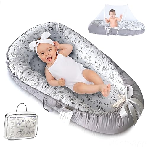 PIERRI Baby Lounger for Newborn with Detachable Mosquito Net – Ultra-Soft Cotton Snuggle Nest Lounger, Reversible Infant Lounger, Double-Sided Baby Nest, Infant Lounger, Baby Lounger for Newborn