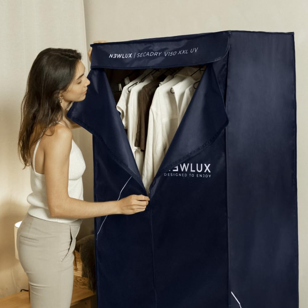 Newlux - Tragbare Elektrische Wäschetrockner Secadry (1200W) mit UV-Licht zur Desinfektion. Kapazität 15Kg, Temp. 180min, 4 Stufen. Belüftungstrockner ideal als Schranktrockner, Blau