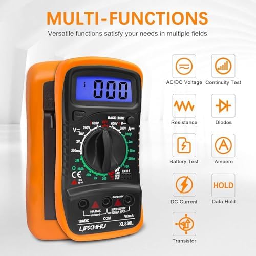 Digital Multimeter Voltmeter Battery Voltage Multi Tester AC DC Volt OHM Amp Current Meter Circuit Continuity Resistance Diode Electrical Tester with Test Leads Backlight LCD Display