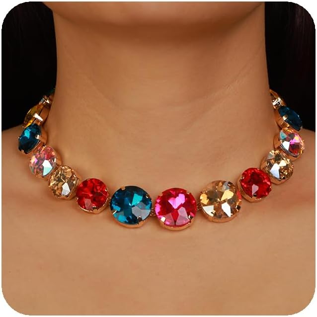 YERTTER Sparkle Full Rhinestone Choker Round Crystal Chain Necklace Earrings Set Crystal Statement Collar Clavicle Choker Necklace for Wedding Women