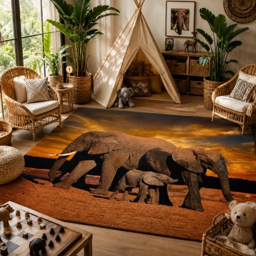 9CH African Elephant Sunset Area Rug, Non-Slip African Rugs for Living Room Bedroom Dinning Kitchen Office Large Carpet Rug 7'X5'