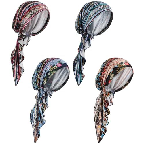 Image of Halfchet 4 Pcs Chemo Headwear for Women Pre Tied Cancer Caps Head Scarf Turbans for Women Patients Gifts