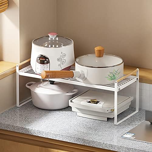 Do not apply Kitchen Cupboard Organiser Shelf, Countertop Rack Wire Shelf for Under Sink Storage Organization, White, Iron, with beech handle (QHC60004)