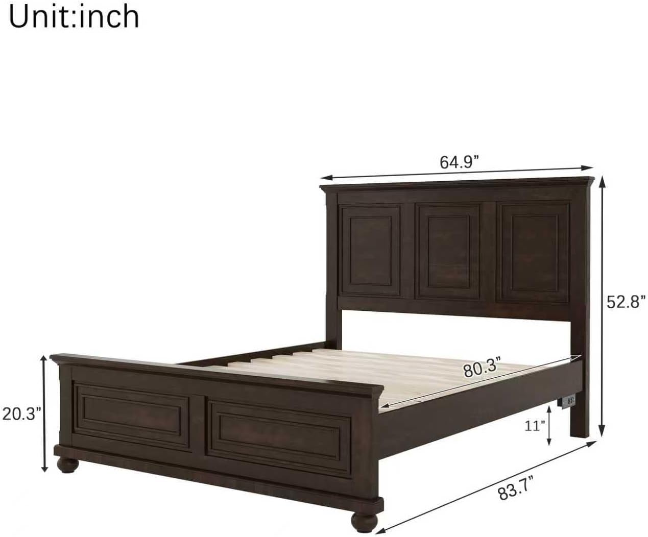 Mirightone Farmhouse Queen Bed Frame with Tall Headboard, Wood Platform Bed and Footboard & Charging Station, Mid-Centery Rustic Queen Panel Beds with Slats Support, No Box Spring Needed, Rustic Brwon