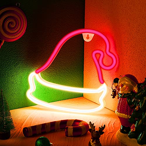 Riakrum Christmas Neon Sign LED Neon Santa Hat Sign,USB or Battery Operated Neon Signs Merry Christmas Neon Lights for Wall Home Room Decor, Holiday Party Decorations, Xmas Gift