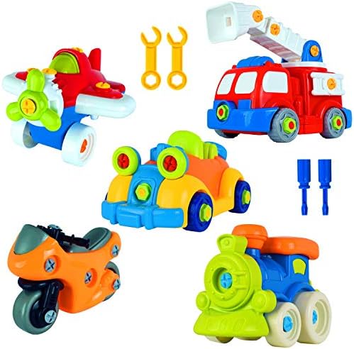 WolVol 97-Piece Take-A-Part Building Vehicles Set - Toddler Assembly STEM Toy - Take Apart for Boys & Girls - Screwdriver Included - Airplane, Car, Fire Truck, Motorcycle, Train, - Educational
