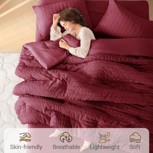 Image of MUXHOMO 7 Pieces Oversized Queen Comforter Set, Seersucker Bed in a Bag Oversized Queen Size, All Season Luxury Bedding Set with Comforter, Flat Sheet, Fitted Sheet, Pillowcases & Shams, Burgundy