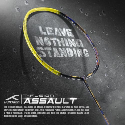 Image of Hundred T-Fusion Assault Badminton Racket with Full Cover | ≤32 lbs | Performance Racket | Sturdy Frame & Smooth Swing | Offensive Shots & Fast Game